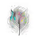 colourful feather with dew drop and written never give up in black colour tattoo design idea