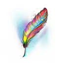 colourful feather with dew drop and written never give up in black colour tattoo design idea