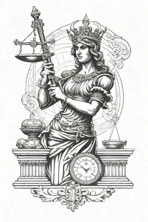 themis statue with sword and scale tattoo design idea