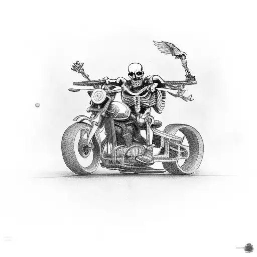 Skeleton rides a motorcycle with a skateboard on his back tattoo design idea
