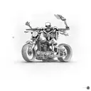 Skeleton rides a motorcycle with a skateboard on his back tattoo design idea