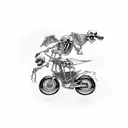 Skeleton rides a motorcycle with a skateboard on his back tattoo design idea