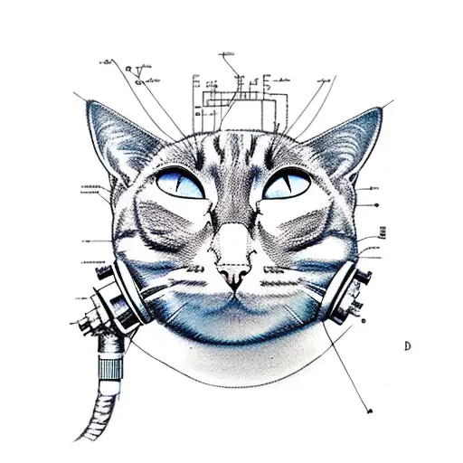 An engineer's blueprint of a cat wearing roller skates tattoo design idea