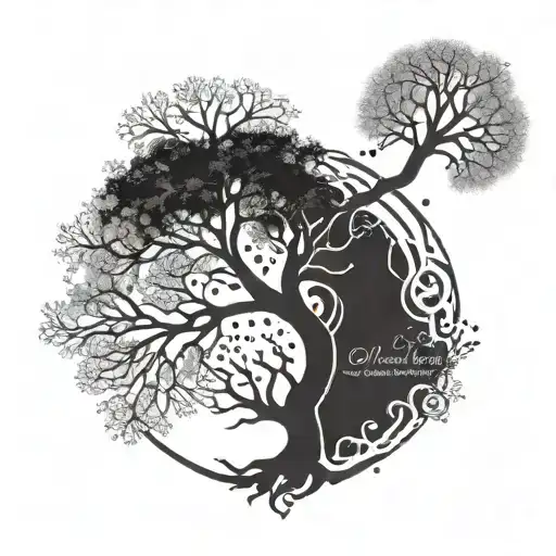 Tree of life tattoo 4 seasons in black and white with roots and representing DNA and the universe tattoo design idea