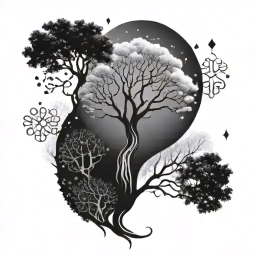 Tree of life tattoo 4 seasons in black and white with roots and representing DNA and the universe tattoo design idea
