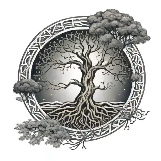 Tattoo 1 tree of life 4 seasons in black and white with roots and DNA and surrounded by the universe tattoo design idea