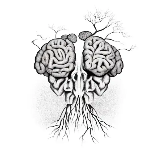 plant growing from a brain going up, the roots of the plant intersect with the brain area, make them equally large tattoo design idea