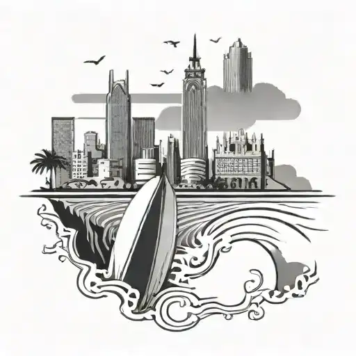 A Barcelona skyline with surfboards lined up along the beach tattoo design idea
