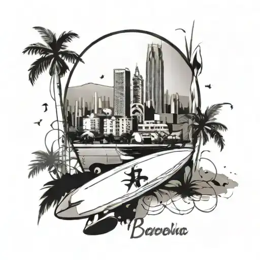 A Barcelona skyline with surfboards lined up along the beach, beer bottles scattered around, and a wine vineyard in the distance tattoo design idea