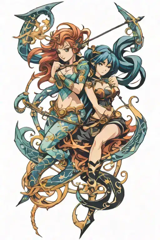 Aquarius and Sagittarius zodiac signs entwined tattoo design idea