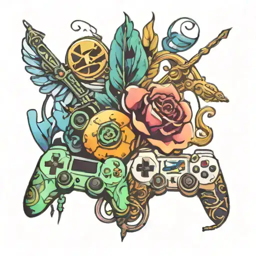A neotraditional tattoo of a Sagittarius and Aquarius zodiac symbols intertwined, with a gaming controller and music notes incorporated into the design tattoo design idea