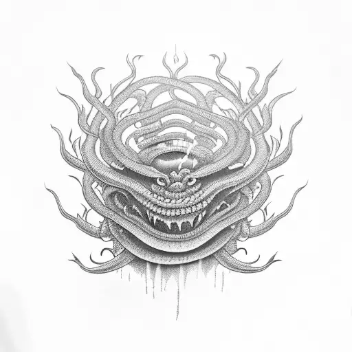 cobra king , engulfed in smoke , going downs on a spider web made out of money  tattoo design idea