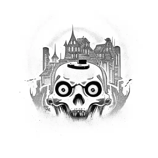 A horror-themed artwork featuring a haunted slum building with a vintage Porsche parked in front, surrounded by AI symbols tattoo design idea