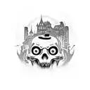 A horror-themed artwork featuring a haunted slum building with a vintage Porsche parked in front, surrounded by AI symbols tattoo design idea