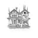 A horror-themed artwork featuring a haunted slum building with a vintage Porsche parked in front, surrounded by AI symbols tattoo design idea