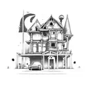 A horror-themed artwork featuring a haunted slum building with a vintage Porsche parked in front, surrounded by AI symbols tattoo design idea