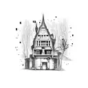 A horror-themed artwork featuring a haunted slum building with a vintage Porsche parked in front, surrounded by AI symbols tattoo design idea