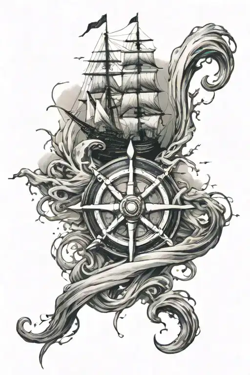 i want a whole forearm tattoo featuring waves, a ship wheel with ropes, and a iruzemi background tattoo design idea