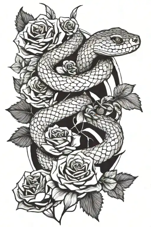snake, flowers, geometric line work, leaves, roses  tattoo design idea