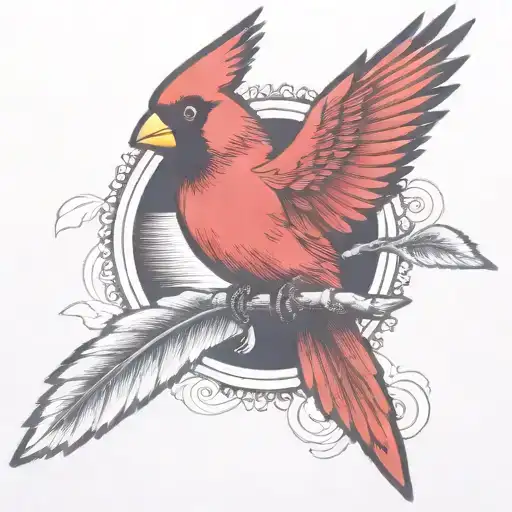 A single Cardinal flying holding a branch tattoo design idea