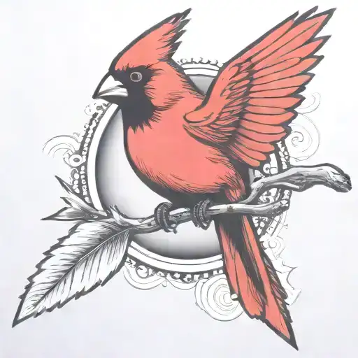 A single Cardinal flying holding a branch tattoo design idea