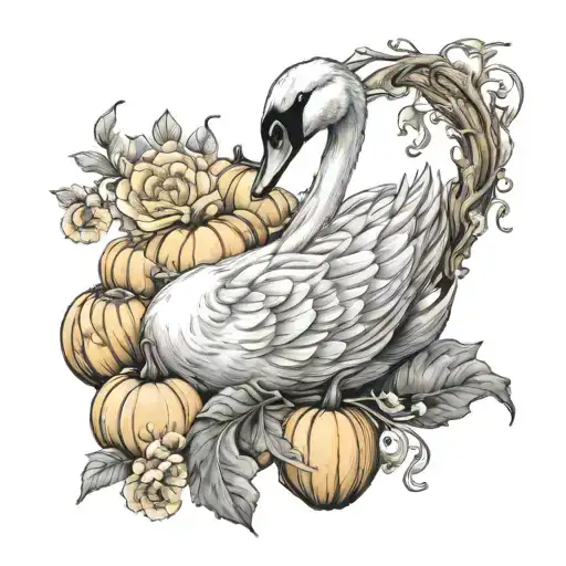 swan sitting on pumpkin with flowers blooming flowers tattoo design idea