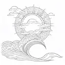 A Frank Ocean lyric written in a decorative script font, with a background of waves and a sun representing God tattoo design idea