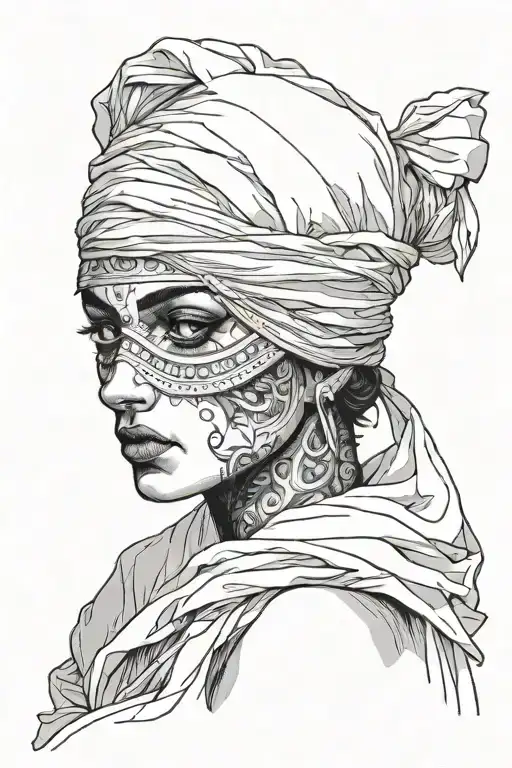 portrait of Themis, eyes covered with a cloth bandage tattoo design idea