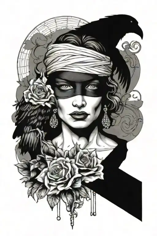 Themis with a cloth blindfold, a black raven in the background tattoo design idea