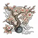 semicolon with cherry blossom tree on right and thunderstorm on left tattoo design idea