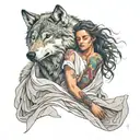 wolf protecting woman drapped in a cloth with a whispy background tattoo design idea