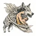 wolf protecting woman drapped in a cloth with a whispy background tattoo design idea
