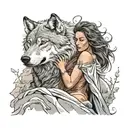 wolf protecting woman drapped in a cloth with a whispy background tattoo design idea