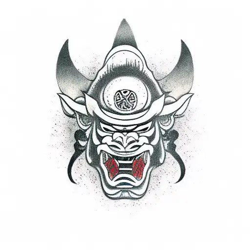 Oni Mask with knives, Japanese text saying peace  tattoo design idea
