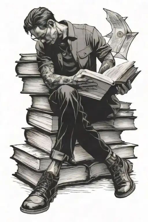 person sitting on stack of books while reading a book tattoo design idea