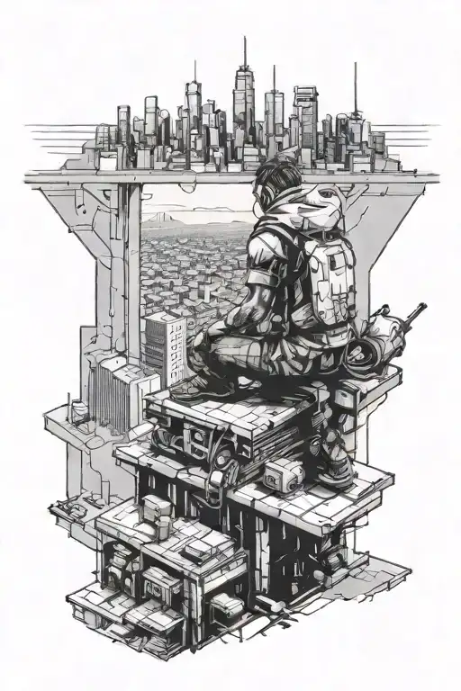 cyberpunk cityscape with person sitting on rooftop looking at the city tattoo design idea