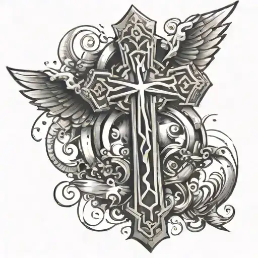 A tattoo of a Christian cross surrounded by symbols of sports, video games, and Pokemon tattoo design idea