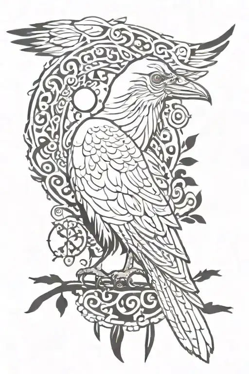 Nordic Raven silhouette with Nordic runes above Athena Goddess holding an owl. Keep it simple and pretty. Add moons  tattoo design idea