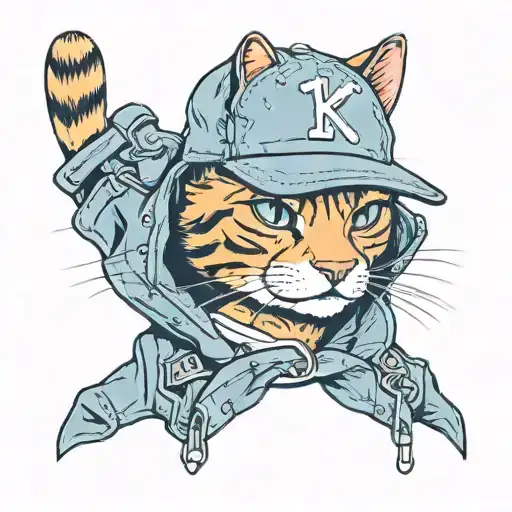 cat wearing a baseball cap and denim jkacket tattoo design idea