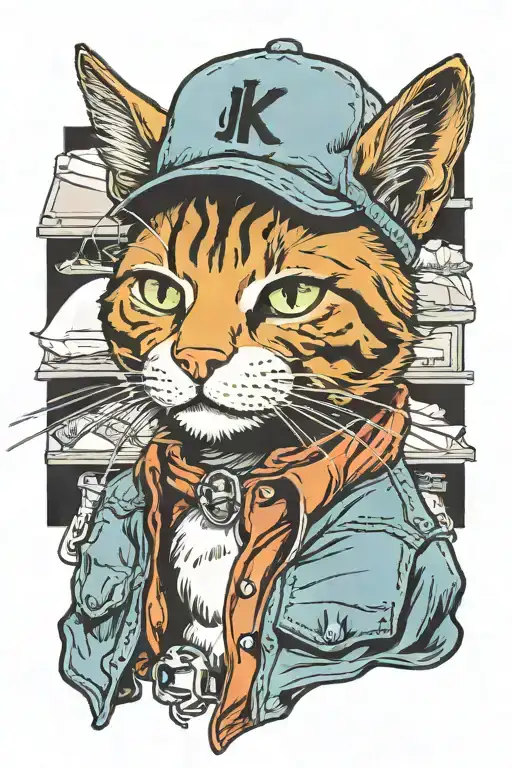 cat wearing a baseball cap and denim jkacket tattoo design idea