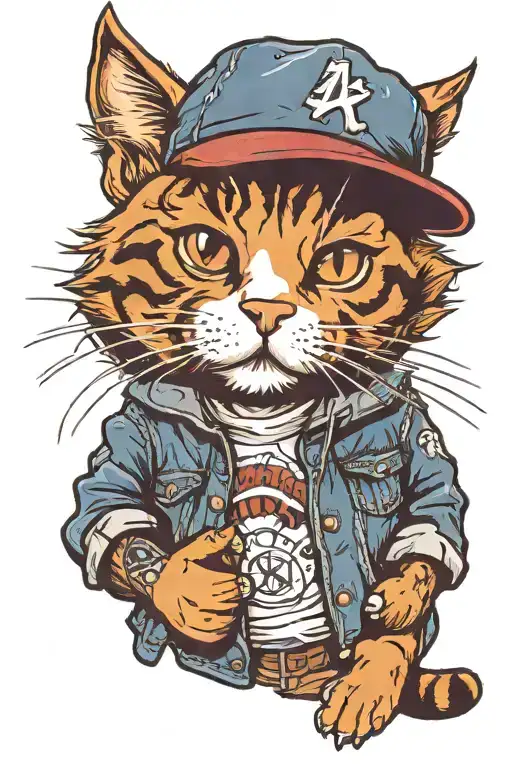 cat wearing a baseball cap and denim jkacket tattoo design idea