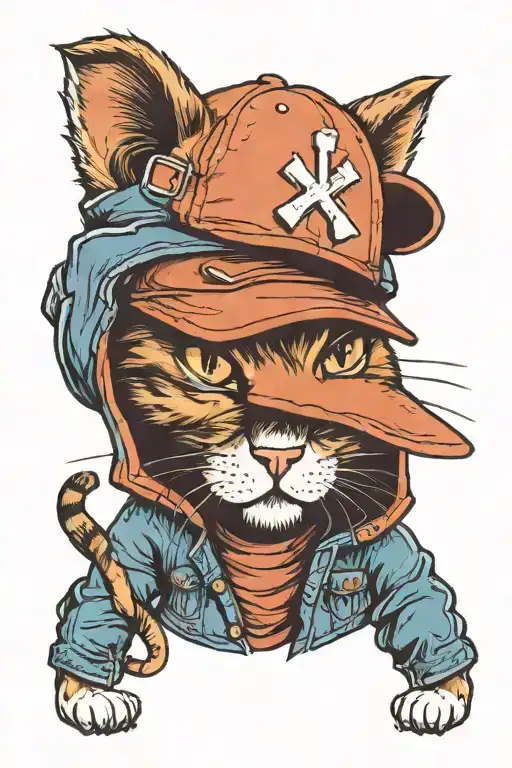 cat wearing a baseball cap and denim jkacket tattoo design idea