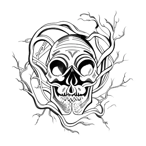 A skull made of intertwined tree roots, with musical notes flowing through it tattoo design idea