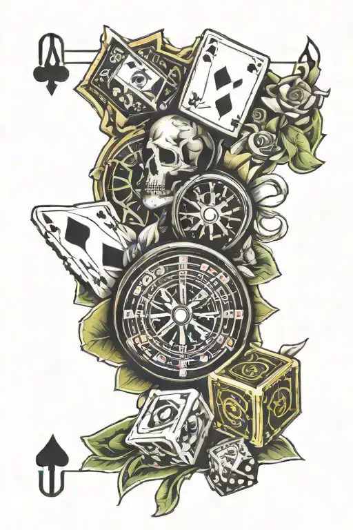 dice, cards, roulette and money tattoo design idea