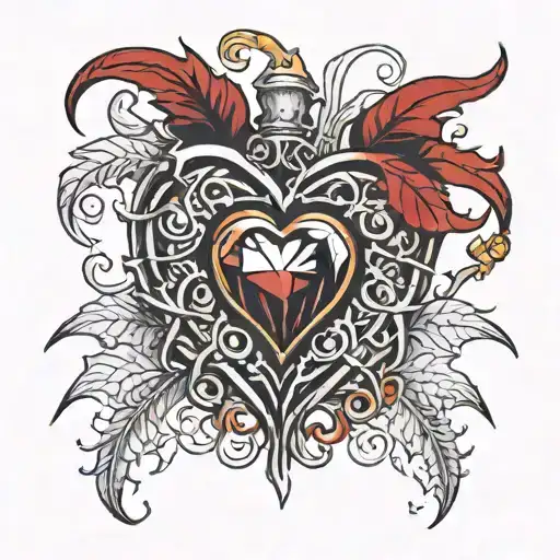 Crystal Deep Red Heart, The word "RUBY' in gold underneath, intricate silver thorns twisting around tattoo design idea