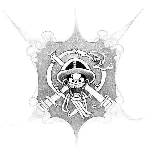 Create a tattoo design featuring the Straw Hat Pirates from One Piece in a blackwork style tattoo design idea
