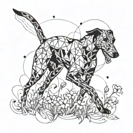 A geometric design incorporating the silhouette of a greyhound running through a field of flowers tattoo design idea