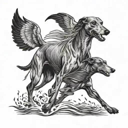 A greyhound running alongside a family of birds in a black-grey style tattoo design idea