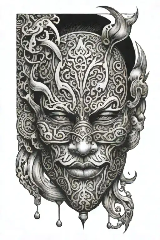 Mask good mask evil on top of the eyes at the bottom of the watch chain addition tattoo design idea