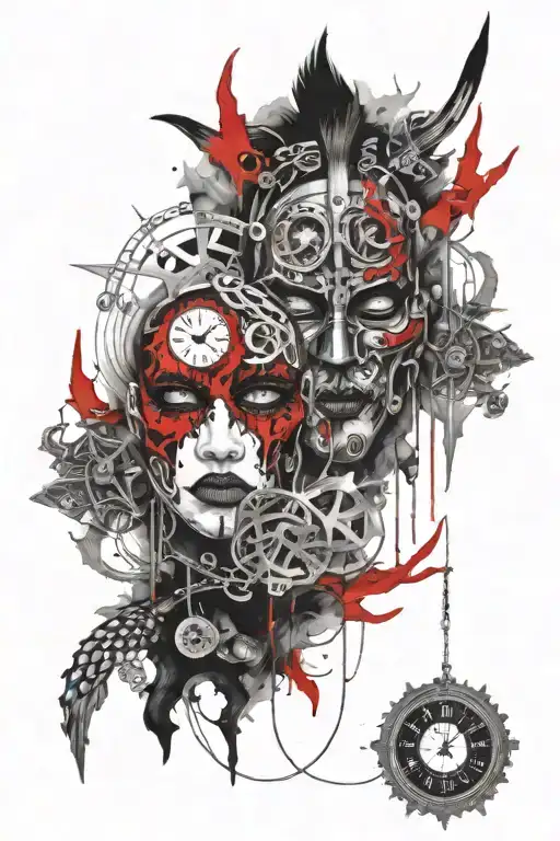Two masks, one good and the other evil, from below the clock on top realistic eye contour chain tattoo design idea